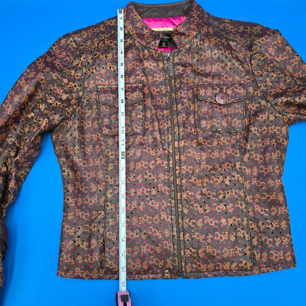 Rocawear Leather Jacket Moto‎ Brown Pink ROC Logo Streetwear Womens Y2K VTG